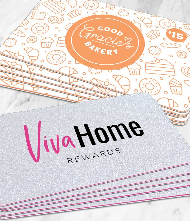 Rounded corner rewards card and gift card samples with various insert colors