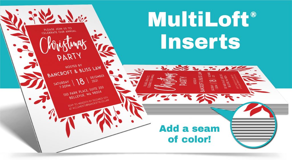 Red, black and white corporate Christmas party invitation featuring MultiLoft black colored inserts