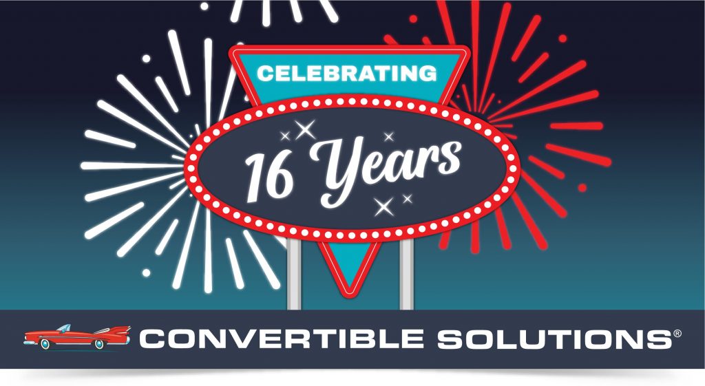 Retro sign graphic with fireworks celebrating the Convertible Solutions 16th anniversary