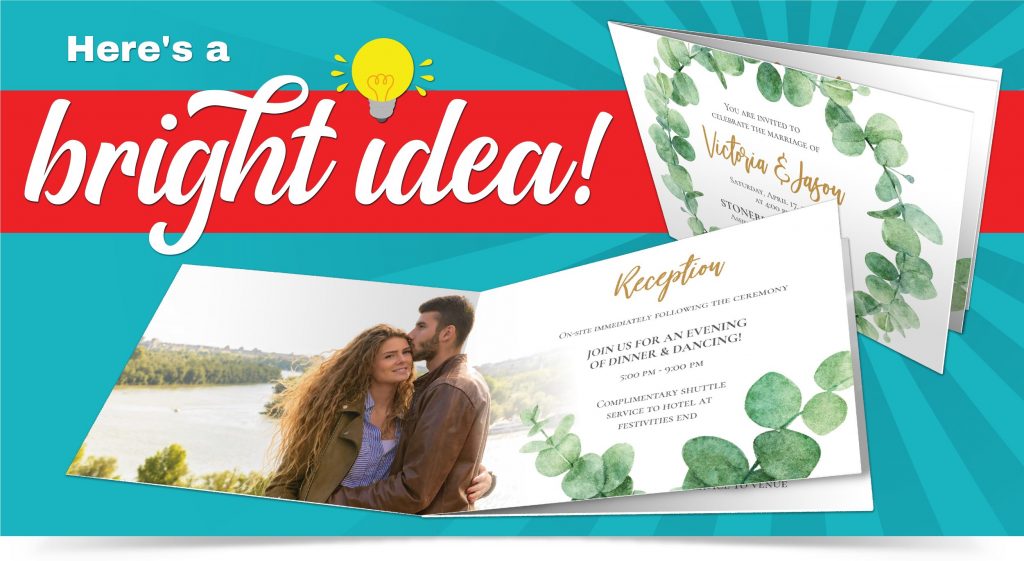 A eucalyptus themed multi page wedding invitation with no staples