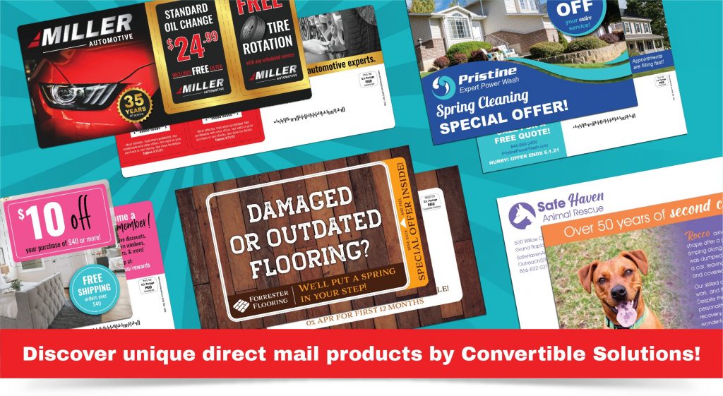 Unique direct mail products from Convertible Solutions, including ultra thick postcards, pop-out postcards, self-mailing return mailers, and interactive reveal cards