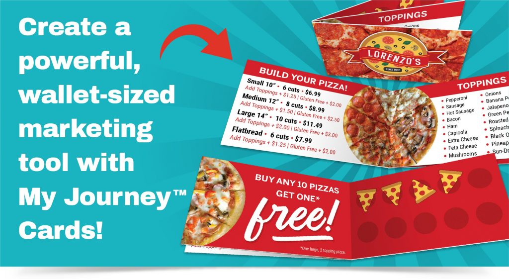 Pizza shop My Journey Card featuring a menu and a buy-10-get-1-free loyalty incentive promotion