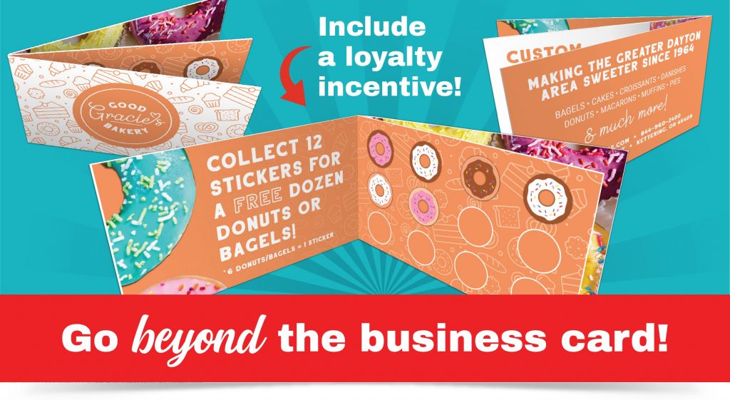 Bakery multi page business card design made with a My Journey Card. Features a donut & bagel purchasing loyalty incentive.