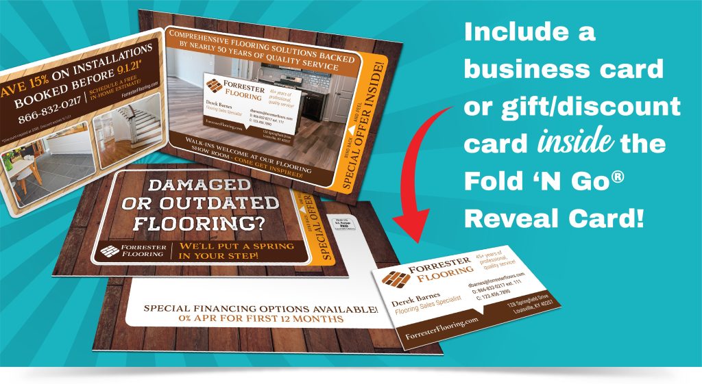 Fold 'N Go Reveal Card concept featuring a flooring company, with a business card embedded inside of the reveal mailer