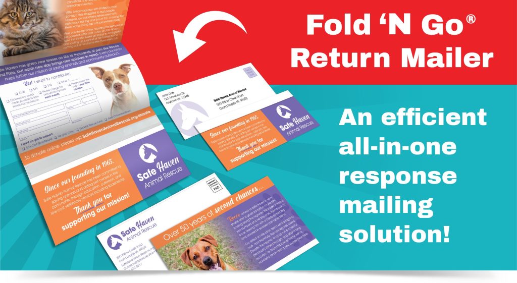 Response mailing sample design for an animal shelter. Displays the open mailer, closed self mailer, and detached return envelope.