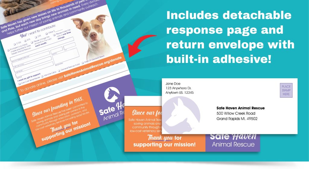 Response mailing sample design for an animal shelter. Displays the open mailer with perforations highlighted, and the detached return envelope.