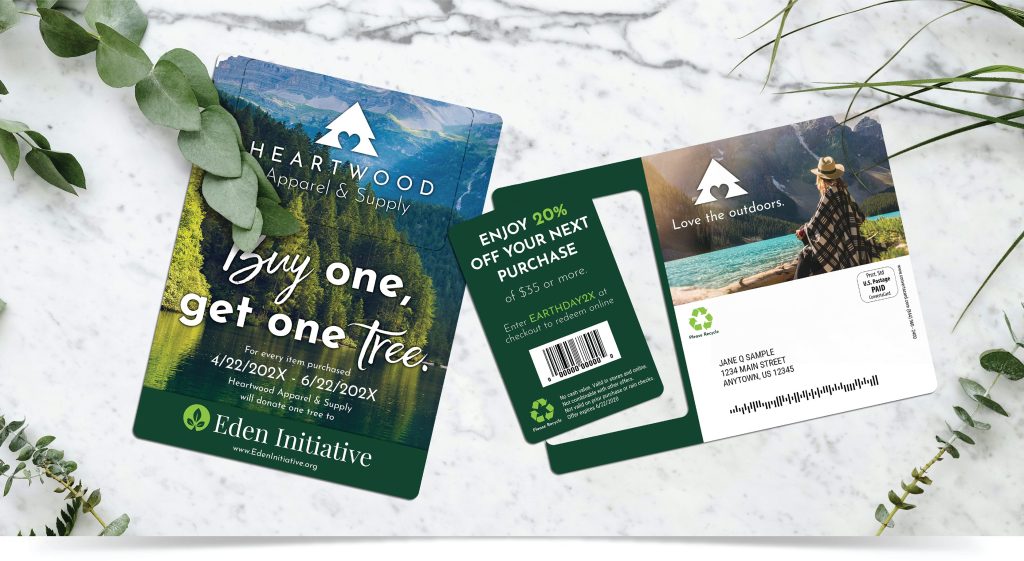 Environmentally friendly apparel brand postcard with pop-out promotional card. Made with MultiLoft Elements Terra14 plastic substrate alternative