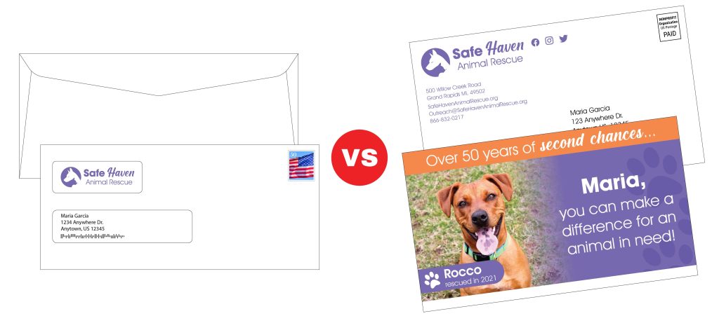Example of a traditional envelope response mailing versus the Fold ‘N Go® Return Mailer self-mailer exterior